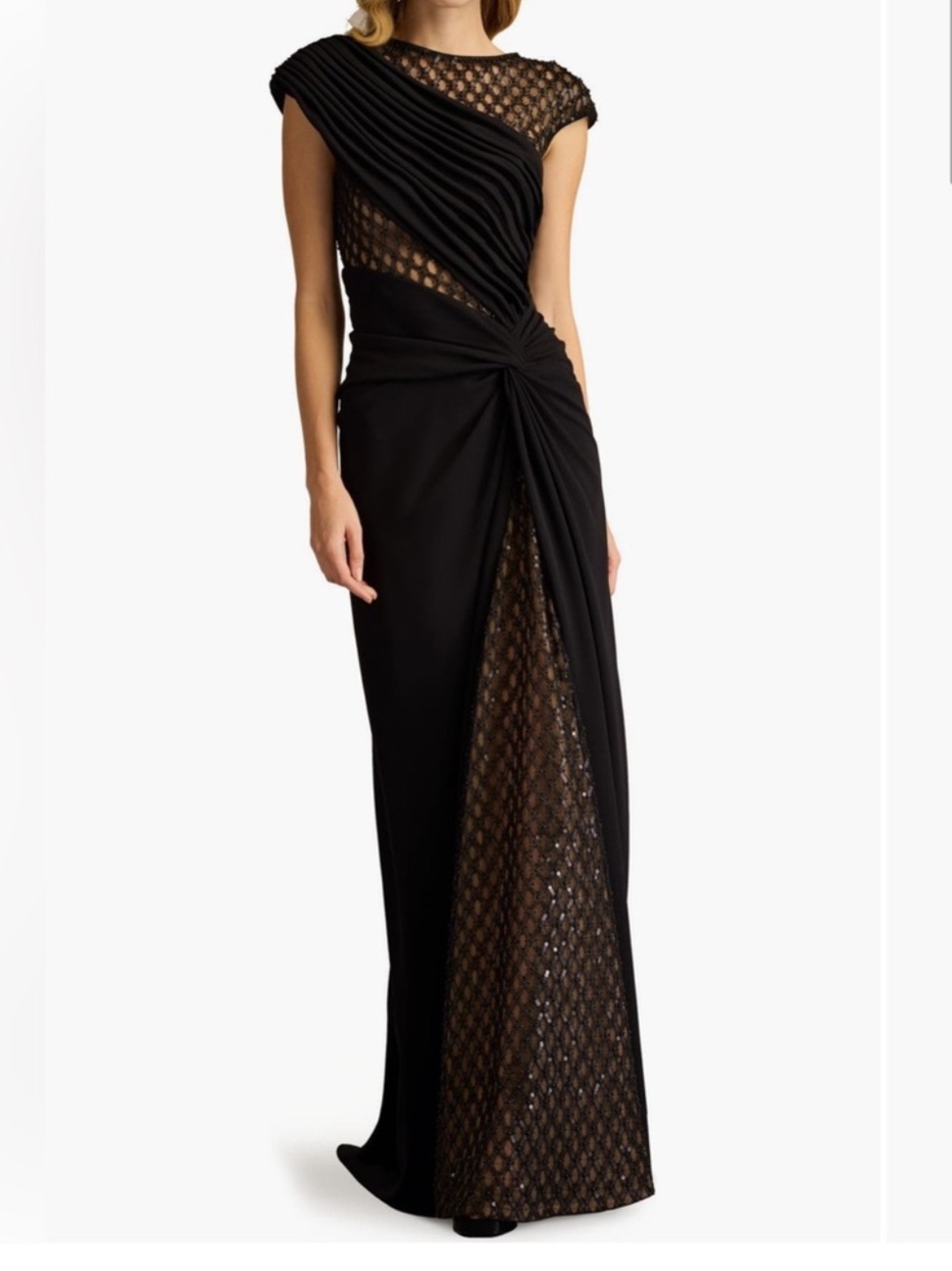 Tadashi Shoji Jetta Peek a Boo Illusion Gown Black Cap Sleeve Maxi Dress